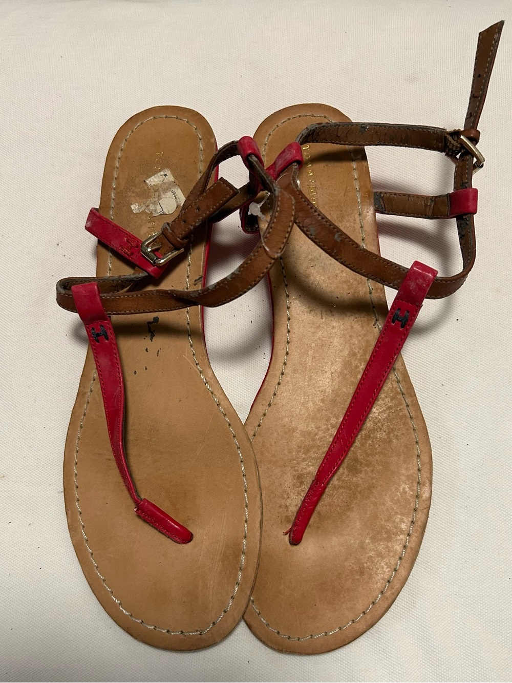 Tommy Hilfiger Brown Leather T-Strap Sandals with Red Accents